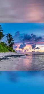 A serene tropical beach at sunset with vibrant skies and palm trees.