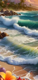 Tropical beach with waves at sunset showcasing vibrant colors.