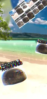 Surreal tropical beach scene with floating objects.