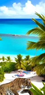 Tiger on tropical beach with blue ocean and palm trees.