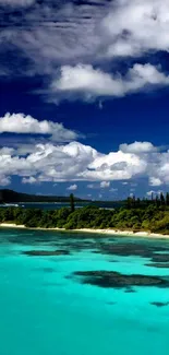 Tropical beach with turquoise waters and vibrant sky.