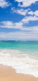 Tranquil tropical beach with blue sky and turquoise sea for mobile wallpaper.