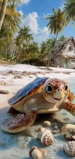 Charming turtle on tropical beach with palm trees and ocean.