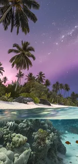 Tropical beach with coral under a starlit sky, perfect for mobile wallpaper.