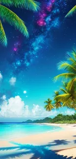 Tropical beach with palm trees under a vibrant starry sky at night.