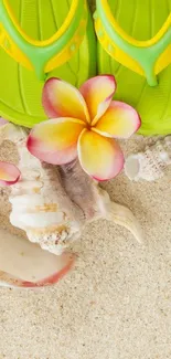 Tropical beach wallpaper with sandals and seashells on sand.