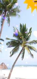 Tropical beach wallpaper with palm trees, sun, and hearts on a light blue sky.