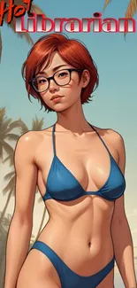 Anime librarian at the beach in a blue bikini.