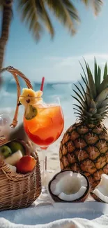 Tropical beach scene with pineapple and coconut.