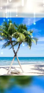 Tropical beach with palm trees under blue sky and stars on phone wallpaper.