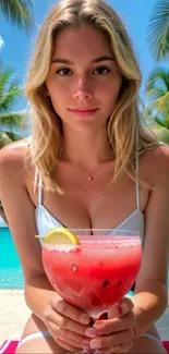 A woman on beach holding a tropical cocktail with palms and ocean in the background.