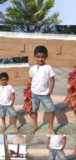 Boy in casual outfit stands by beach with tropical plants.