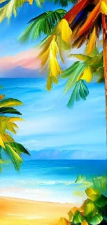 Vivid tropical beach with palm trees and blue ocean in an artistic design.