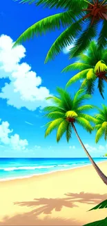 Tropical beach with palm trees and bright blue sky.