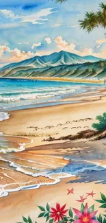 Watercolor painting of a serene tropical beach with vibrant colors and waves.