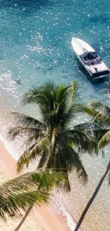 Tropical beach with palm trees and boat over turquoise water.