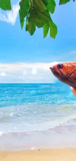 A vibrant fish jumps above a tropical beach with blue sea and green leaves.