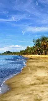 Tropical beach with palms and blue ocean under a bright sky.