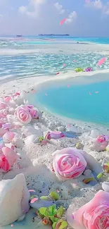 Tropical beach with pink roses and blue ocean waves.