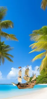 Tropical beach with palm trees and pirate ship under a bright blue sky.