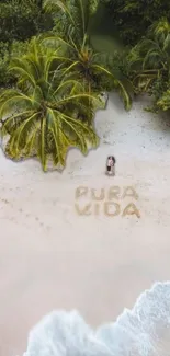 Tropical beach with palm trees and 'Pura Vida' in the sand.