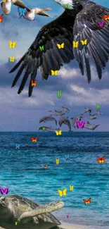 Eagles soaring over a tropical beach with a vibrant blue sky.