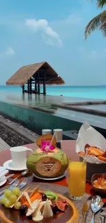 Tropical beachside brunch with blue waters and exotic fruit spread.