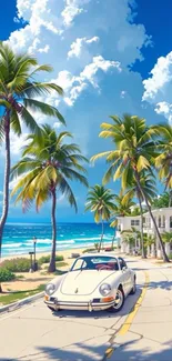 Classic car on a tropical beach road under palm trees and blue skies.