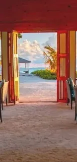 Tropical beachside lounge with ocean view and palm trees under sunny skies.