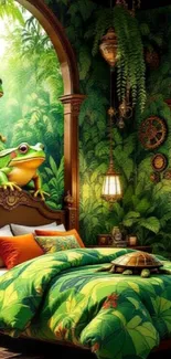 Tropical bedroom with frogs and lush greenery decor.