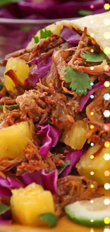 Vibrant tropical beef burrito with pineapple and colorful veggies.