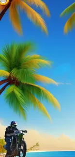 Motorbike on a tropical beach with palm trees and clear sky.