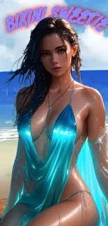 Woman in blue bikini on a beach wallpaper.