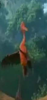 An animated bird soaring in a lush jungle background.