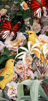 Tropical birds and butterflies on a floral backdrop mobile wallpaper.