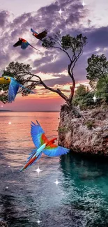 Colorful birds flying over a sunset coastline with trees.