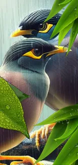 Two tropical birds in the rain surrounded by lush green leaves.