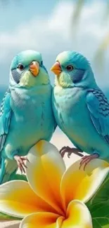 Two tropical birds perched on a bright flower by the beach.