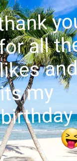 Tropical beach scene with palm trees and a birthday message.