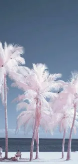 Surreal pink palm trees on a beach under a blue sky.