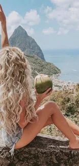 Tropical view with mountain and sea in the background.