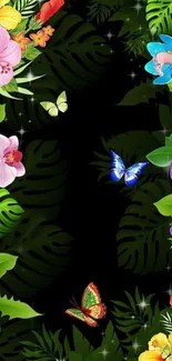 Tropical wallpaper with vibrant flowers and butterflies.