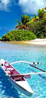 Boat on turquoise water with palm trees in background.