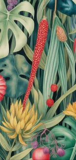 Tropical botanical art with vibrant flowers and leaves.