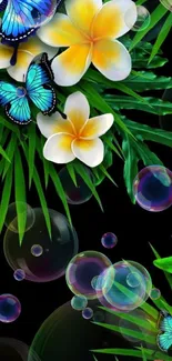 Tropical theme wallpaper with blue butterflies and flowers.