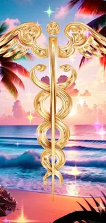 Golden caduceus on a tropical beach at sunset with vibrant colors.