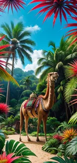Camel in lush tropical oasis with vivid plants and palm trees.