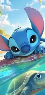 Cheerful blue cartoon with a tropical backdrop.