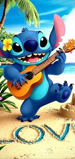 Blue cartoon character playing guitar on a sunny beach.