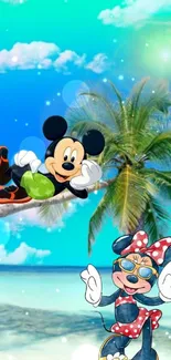 Cartoon characters enjoying a tropical beach with palm trees and sunny skies.